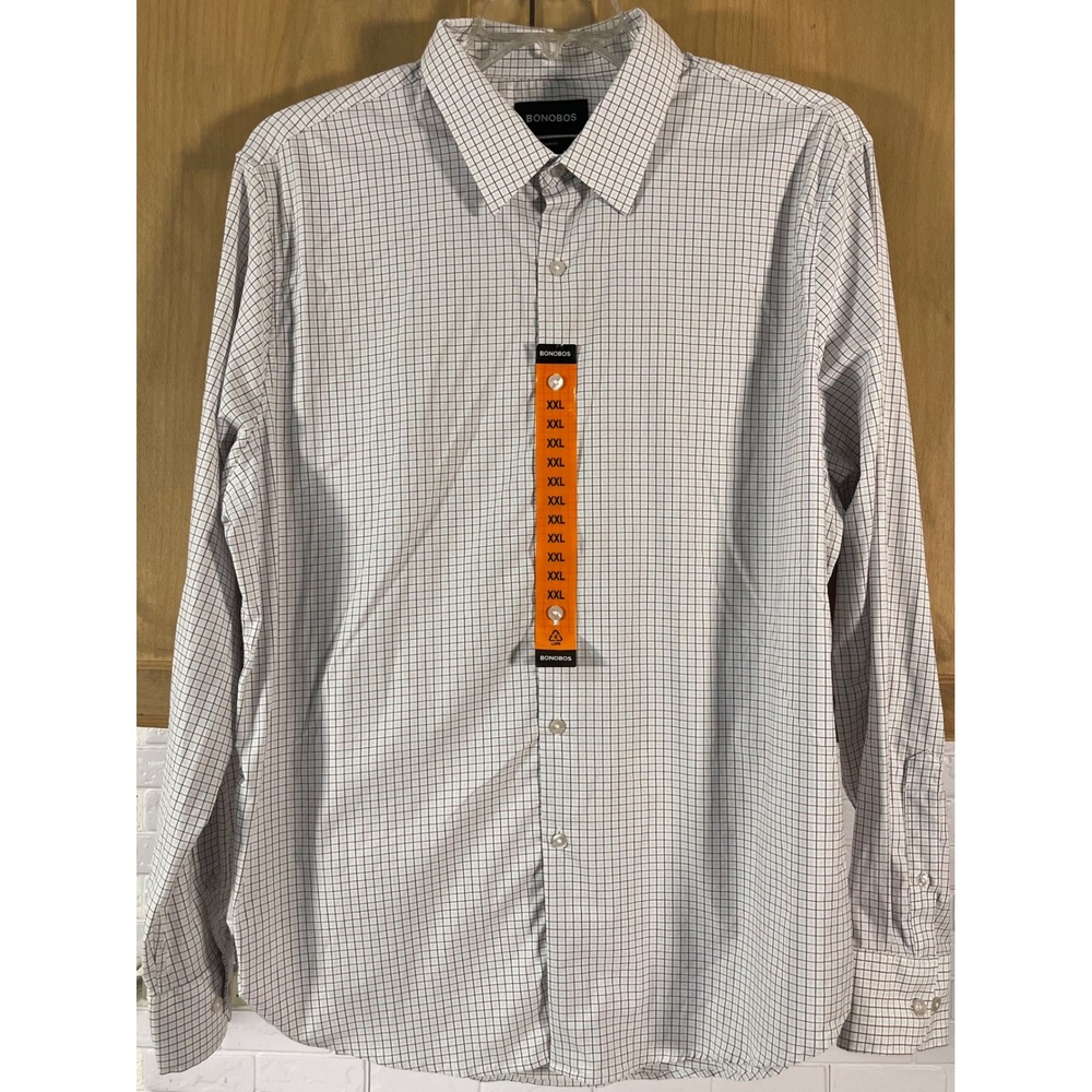 Bonobos Button Down Shirt Mens XXL White Brown Blue Grid Slim Fit Performance